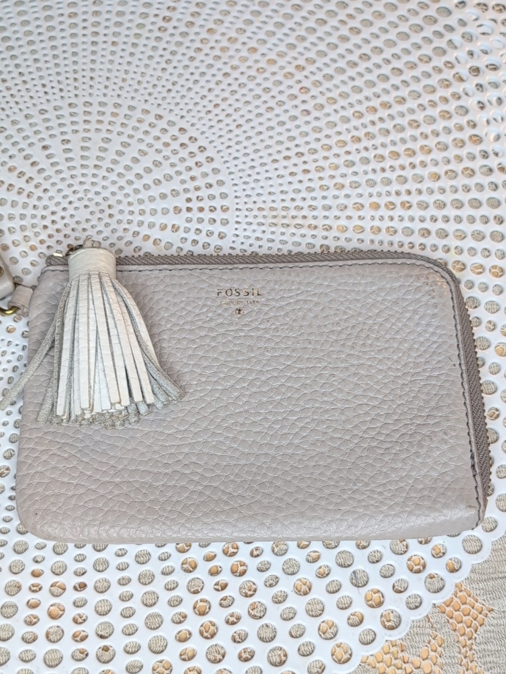 Fossil Pebbled Leather Wristlet in Light Gray-Beige